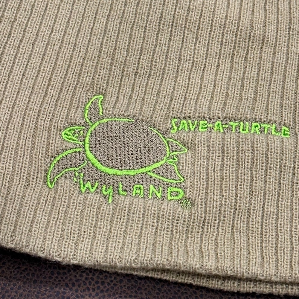 Wyland Save A Turtle Beanie Hat Tan Khaki Ribbed Knit Slouchy Sea Turtle OSFM